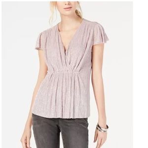 Pleated metallic cap sleeve top